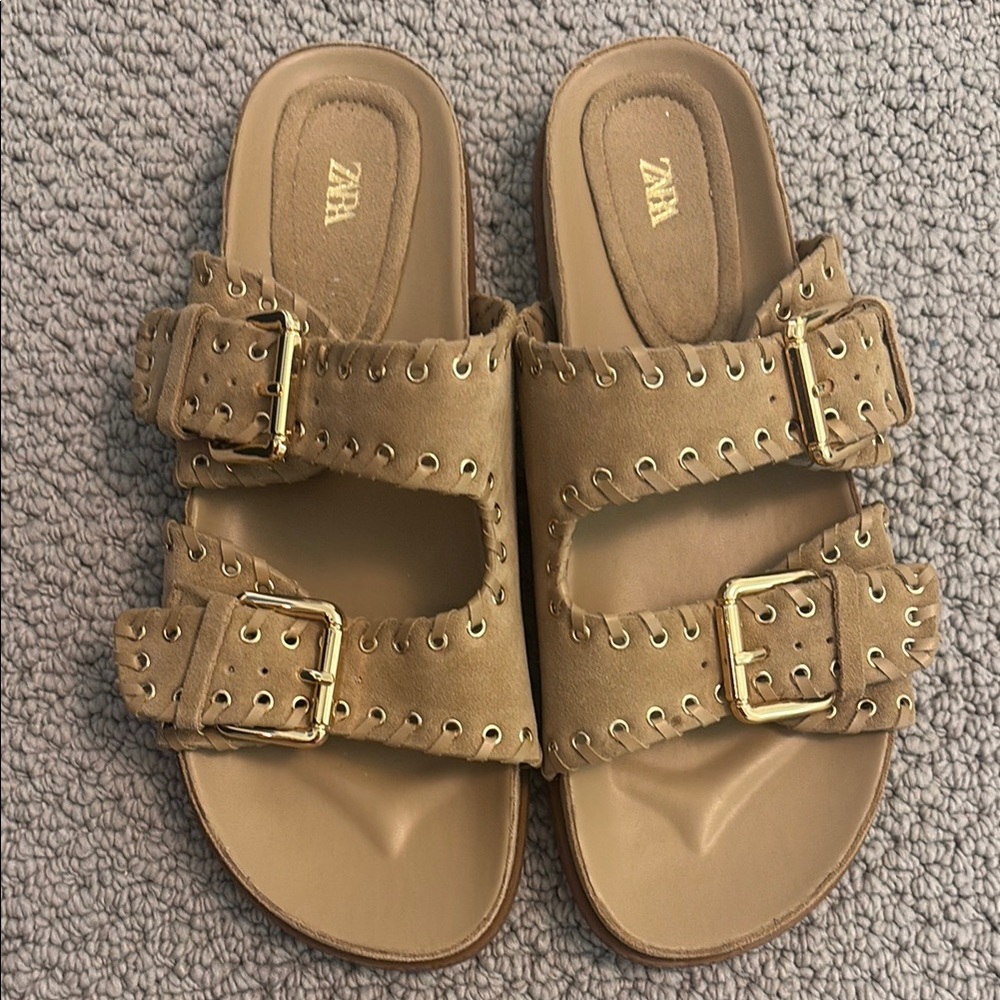 Zara Beige Sandals with Gold Accents. Never worn